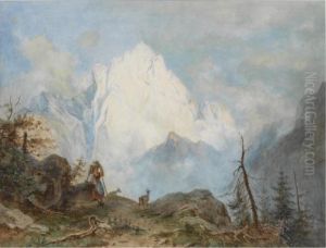 A Shepherdess In An Alpine Landscape by Jacob Gauermann