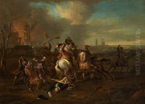 Wouverman Style Of, 18th Century: A Battle Scene Outside A Burning Village by Philip A. Gaugain