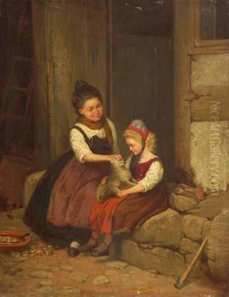 Two Young Girls Playing With A Cat - view 1