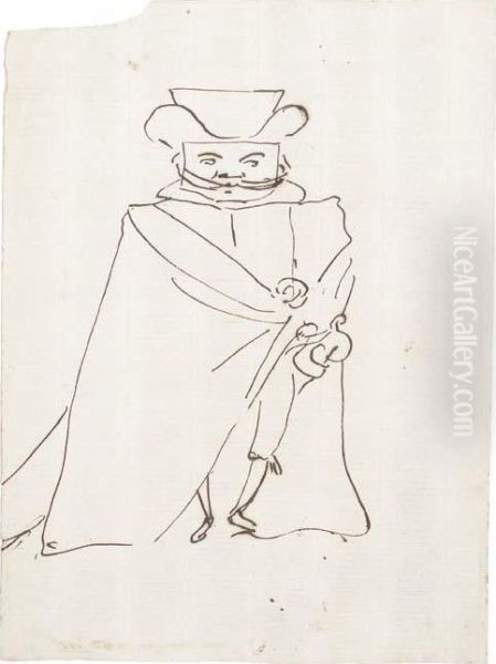 Caricature Of A Man With Long Moustaches Wearing A Hat And Acloak - view 1