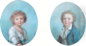 1 - "portrait De Jeune Garcon".
< Il Est Represente A Mi-corps Tourne Vers La Gauche, Le Visage De
Trois Quarts Regardant Le Spectateur ; Ses Cheveux Blonds Boucles
Pendent Sur La Nuque. Il Est Vetu D'un Habit Bleu Ouvert Sur Un
Gilet De Soie Blanc by Pierre Marie Gault De Saint-Germain