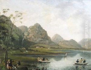 Fishermen In A Boat On A Lake With Figures On The Shore, Mountains Beyond