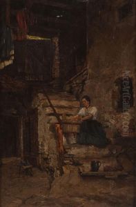 Junge Frau Auf Der Treppe Mit Waschzuber by Wilhelm Gause
