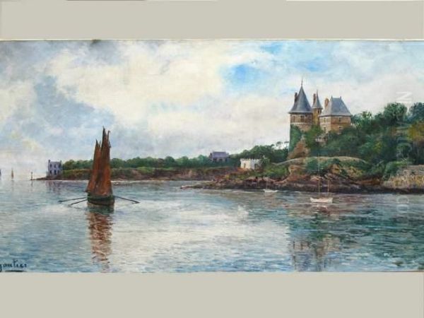 A. Gautier (ecole Bretonne Xxe Siecle). "paysage D'entree De Golfe Ave Chateau". Huile Sur Toile Signee. 50 X 100 Cm. - view 1