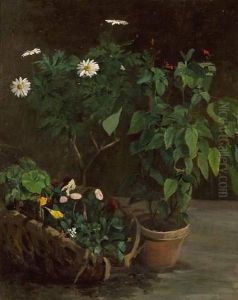 "plante En Pot, Marguerites Et Panier De Fleurs".