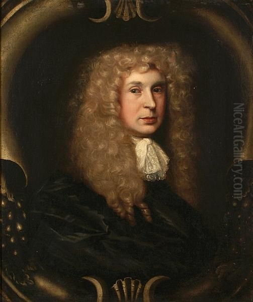 A Self Portrait, Bust Length, Having A Long Fair Wig And Wearing A Lace Jabot And Black Cloak, Within A Sculptural Painted Oval - view 1