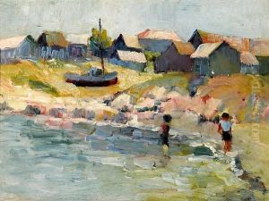 Children Wading At The Water's Edge by August Gay