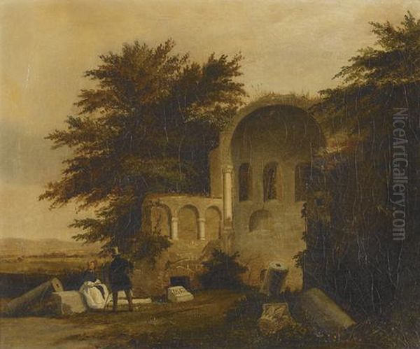 Biedermeierliches Paar Vor Romanischer Kirchenruine. - view 1