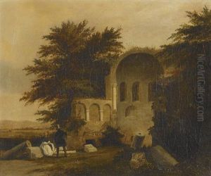 Biedermeierliches Paar Vor Romanischer Kirchenruine.