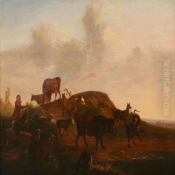 Shepherd With Cattle, Goats And Sheep On Thecountryside - view 1