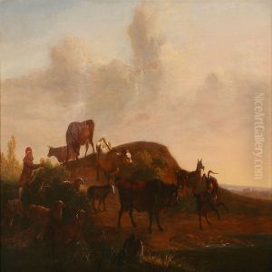 Shepherd With Cattle, Goats And Sheep On Thecountryside by Christian David Gebauer