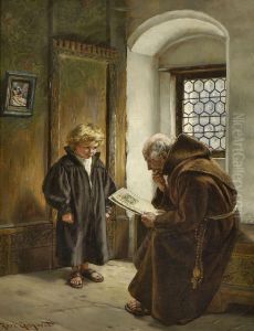 Monch Mit Schuler An Der Fensternische by Karl Gebhardt