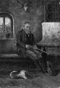 K. "jager Mit Hunden In Der Stube". Sign. Und Bez. Munchen by Karl Gebhardt