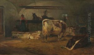 Bauernmagd In Einem Kuhstall Mit Drei Kuhen Und Zwei Pferden