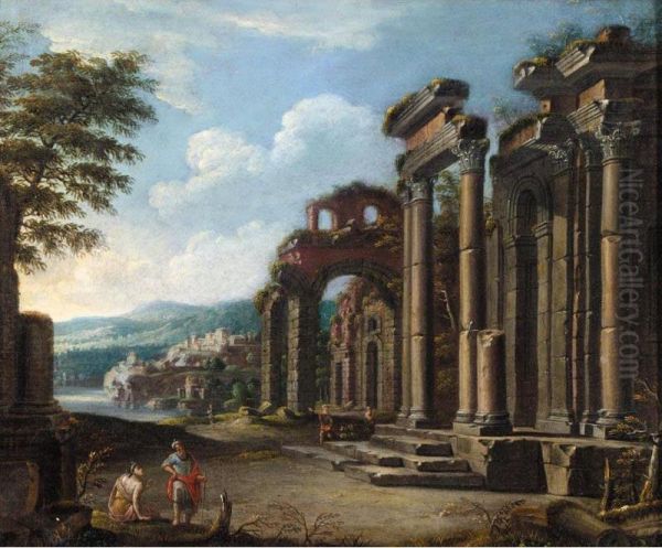 Italianate Landscape With Figures Amongst Classical Ruins - view 1