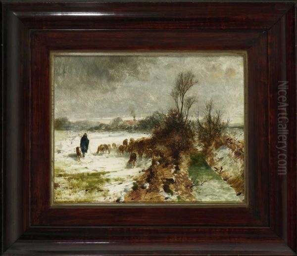 Schafhirte Mit Herde In Winterlicher Bachlandschaft. - view 1
