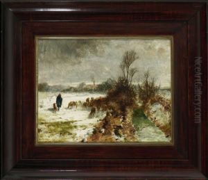 Schafhirte Mit Herde In Winterlicher Bachlandschaft. by Friedrich Otto Gebler