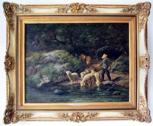 Hirte Mit Schafen Am Fluss