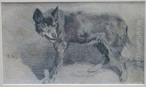 Geb. 1838 In Dresden,bleistiftzeichnung Auf Papier, Darstellung Eines Stehenden Hundes,links Unten Monogrammiert by Friedrich Otto Gebler
