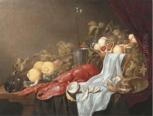 A Pronk Still Life Of A Roemer, A Partly Peeled Lemon, A Lobster, Alemon On A Pewter Plate, A Peach, Grapes, Lemons, A Melon, A Glassflute, A Silver Tankard, A Crystal Goblet, A Conch Shell And Abasket Heaped With Pomegranates, Grapes And Peaches With A W - view 1