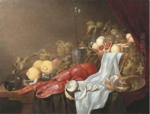 A Pronk Still Life Of A Roemer, A Partly Peeled Lemon, A Lobster, Alemon On A Pewter Plate, A Peach, Grapes, Lemons, A Melon, A Glassflute, A Silver Tankard, A Crystal Goblet, A Conch Shell And Abasket Heaped With Pomegranates, Grapes And Peaches With A W by Jasper Geeraerts