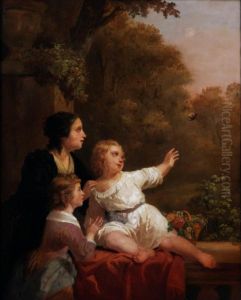 Portrait Of A Mother And Her Two Children In A Landscape by Jozef Geirnaert