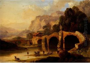 Tiefe Landschaft Mit Fluss Und Brucke by August Christian Geist
