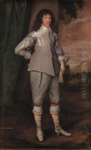 Portrait Of Dutton, 3rd Baron Gerard, Of Bromley, Staffordshire,full-length, In A Silver-grey Slashed Doublet And Hose, His Lefthand On The Hilt Of His Sword, His Right Hand Resting On A Cane, Bya Draped Curtain, In A Wooded Landscape With A Gentleman Rid - view 1