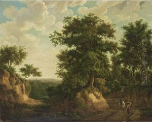 An Extensive Wooded Landscape With A Horseman, A Maid And Othertravellers On A Path by Maximilien Lambert Gelissen