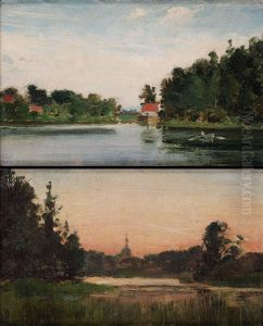 Insjolandskap Med Roddare, Skymningslandskap by Albert Theodor Gellerstedt