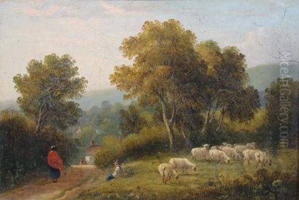 Shepherd With Sheep Besides A Path To Cottage - view 1