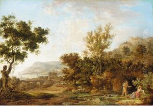 An Arcadian Landscape With A Shepherd Sneaking Up On A Sleeping Maid by Jean Baptiste Genillion