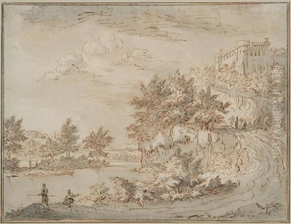 Landscape With Fishermen By A River By A Castle On A Cliff - view 1