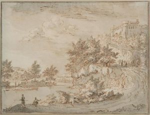 Landscape With Fishermen By A River By A Castle On A Cliff by Abraham Genoels