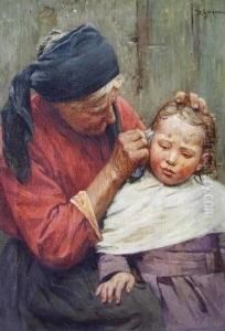 Alte Frau Sich Um Ein Kind Kummernd by Berthold Genzmer