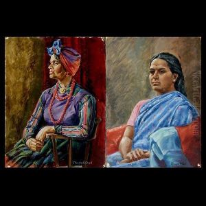 Portrait Of A Woman In A Sari Together With A Portrait Of A Woman With A Red Necklace. by T. George