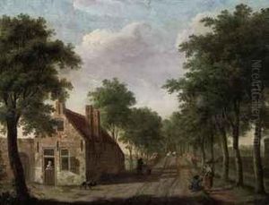 A Horse Drawn Cart Approaching A Farm With Several Figures