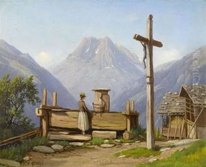 Valais Woman At A Well Before The Aiguilles Rouges