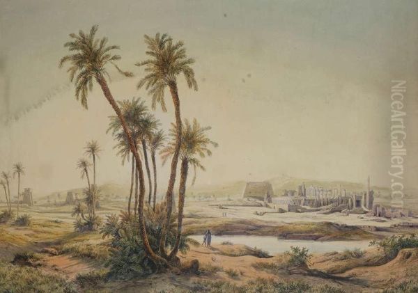 Ori ntaals Landschap Met Personages Nabij Oase En Ru nes Van Karnak Op De Achtergrond - view 1