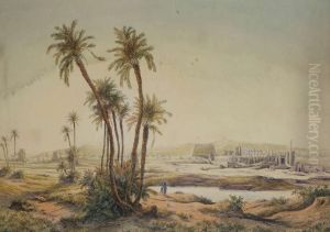 Ori ntaals Landschap Met Personages Nabij Oase En Ru nes Van Karnak Op De Achtergrond