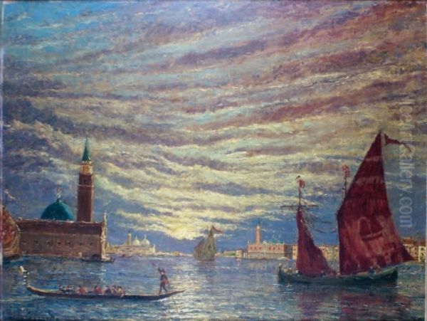 Venise, Les Gondoles A L'entree Du Grand Canal Sous Le Soleil Couchant - view 1