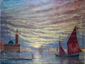Venise, Les Gondoles A L'entree Du Grand Canal Sous Le Soleil Couchant by Henry Gerard