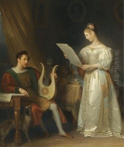 Interior With A Man Holding A Lyre And A Woman With A Music Score by Marguerite Gerard