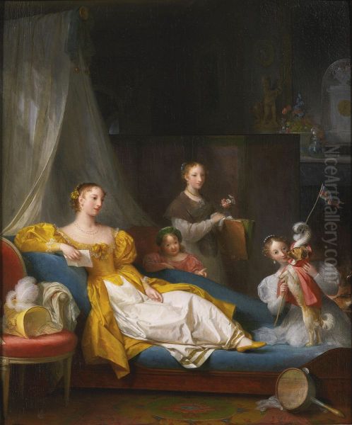 A Family In An Interior Playing With A Dog - view 1