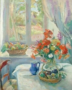 Still Life With Flowers And Fruit On A Table by Abel Gerbaud
