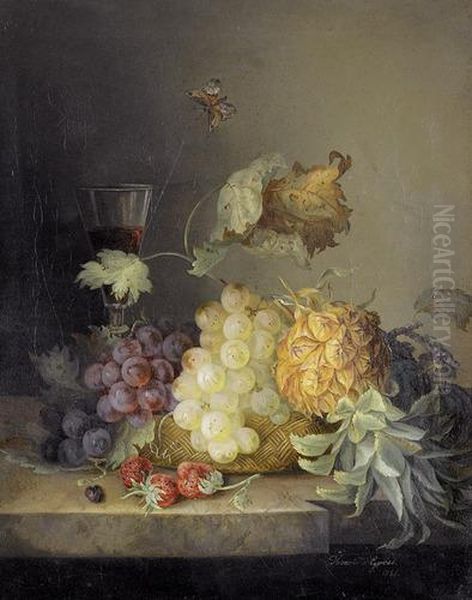 Fruchtestillleben Mit Weinglas Und Schmetterling. - view 1