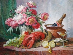 A Still Life With Peonies And A Lobster by Paul Gericke