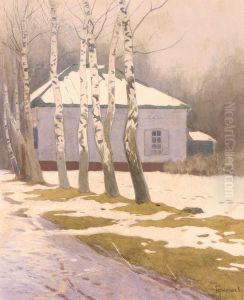 A Snowy Path By The Birches by Mikhail Markianovich Germanshev