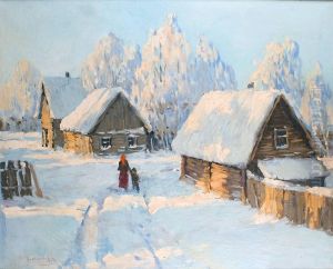 Mere Et Enfant Dans Le Village Enneige by Michail Markianovic Germasev