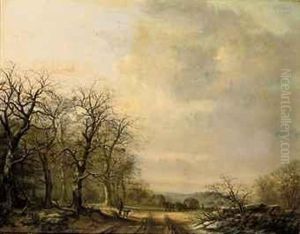 A Hay Wagon Approaching, A Hunter And His Dog On A Forest Path by Andreas Gerrit Jacobsen